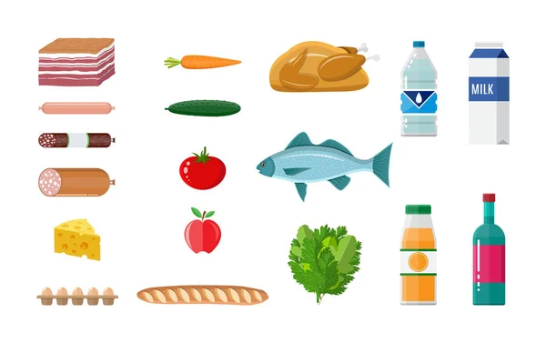 Grocery set. meat, fish, salad, bread, milk — Stock Vector
