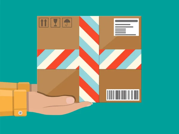 Manos con caja de cartón postal. concepto de entrega — Vector de stock