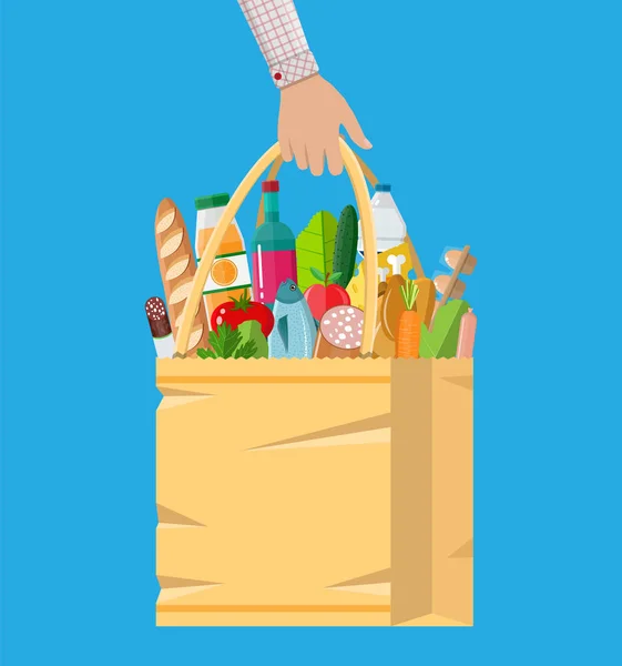 Bolsa de compras de papel llena de productos de comestibles — Vector de stock