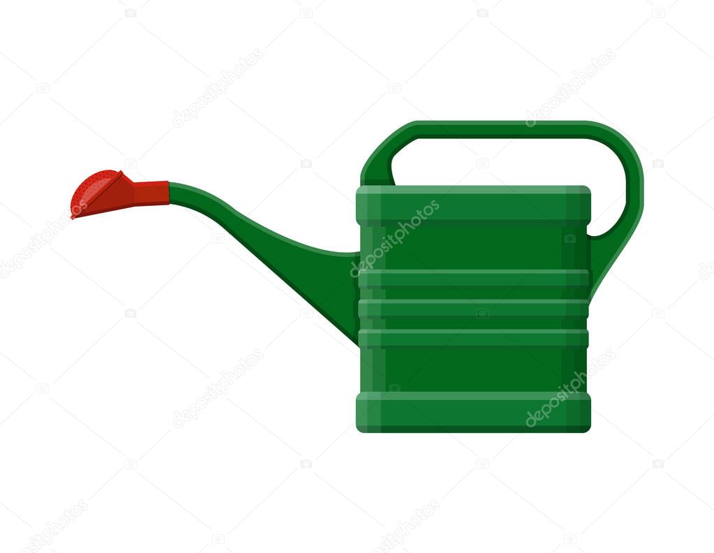 Green plastic watering can isolated on white