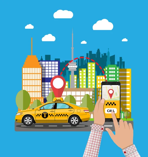 Paisaje urbano con cabina, aplicación de servicio de taxi telefónico — Vector de stock