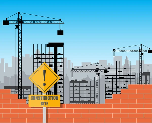 Byggarbetsplats med byggnader och kranar — Stock vektor