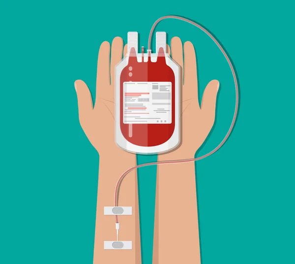 Torebka z krwi i ręka dawcy. pojęcie darowizny — Wektor stockowy