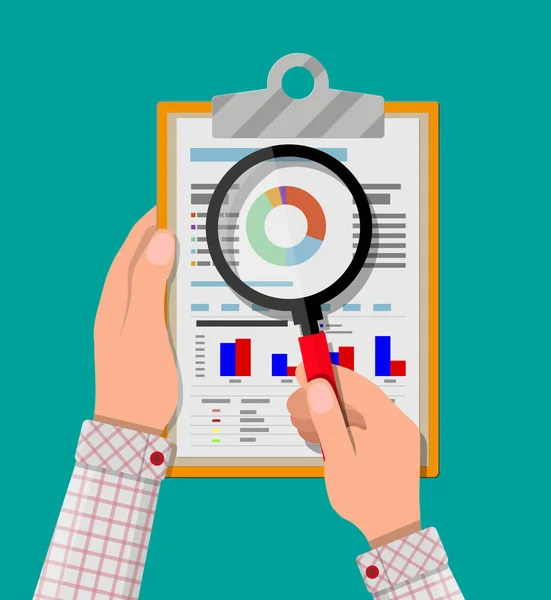 Portapapeles con informes financieros y pluma — Vector de stock