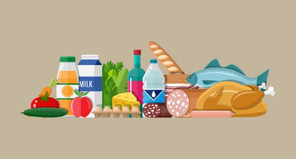 Grocery set. Meat, fish, salad, bread, milk — Stock Vector