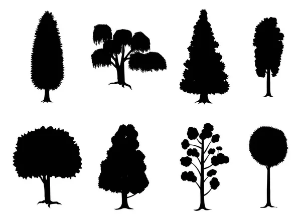 Uppsättning av olika stiliserade träd i siluett — Stock vektor
