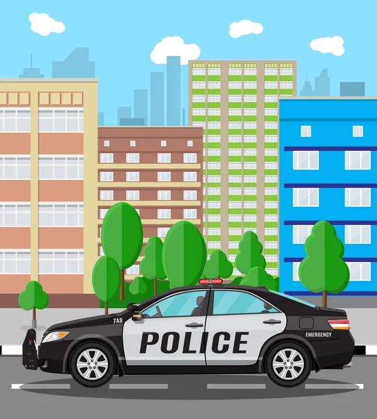 Generieke politieauto bij stadsgezicht achtergrond — Stockvector