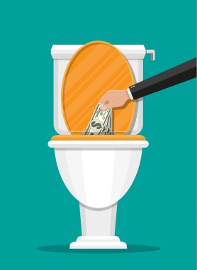 İşadamı el dolarlarına tuvalete koyarak
