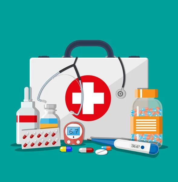 Kit médico de primeiros socorros com pílulas e dispositivos —  Vetores de Stock