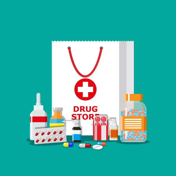 Sac à provisions avec pilules médicales et bouteilles — Image vectorielle