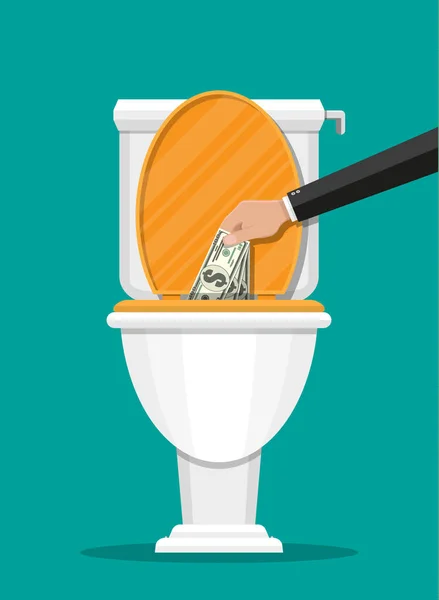 Επιχειρηματίας χέρι βάζοντας τους λογαριασμούς δολαρίων στην τουαλέτα — Διανυσματικό Αρχείο