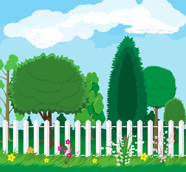Summer nature landscape with forest and fence. — Stock Vector