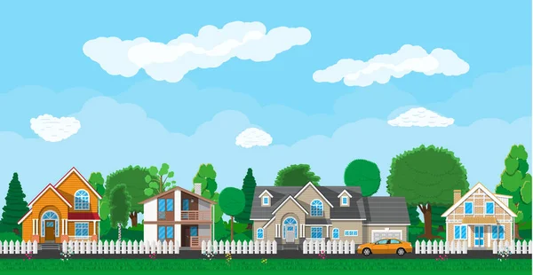 Casas suburbanas privadas con coche — Vector de stock