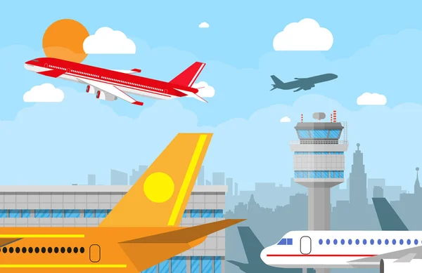 Torre de control del aeropuerto y avión volador — Vector de stock