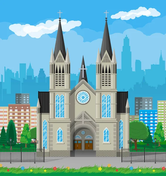 Kościół katedralny z panoramy miasta — Wektor stockowy