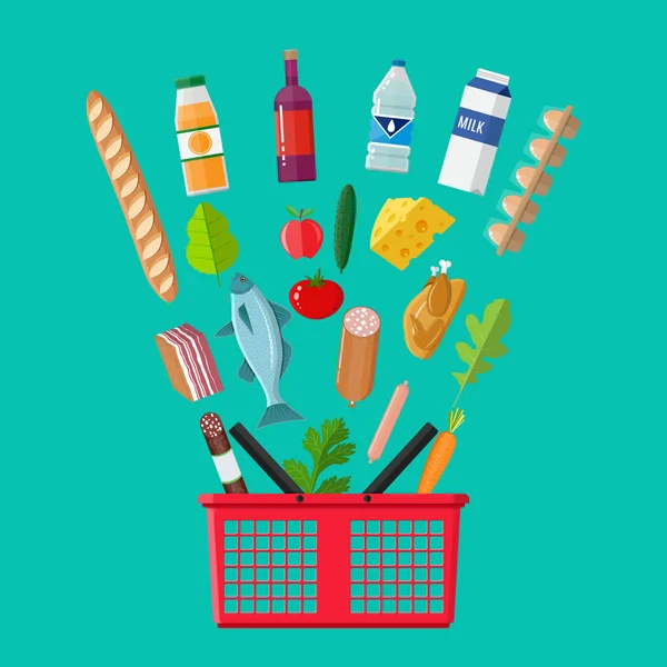 Cesta de la compra de plástico lleno de productos de alimentación — Vector de stock
