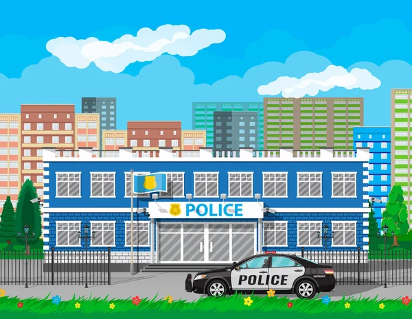City policejní stanice vzniká auto, strom, panoráma města — Stockový vektor