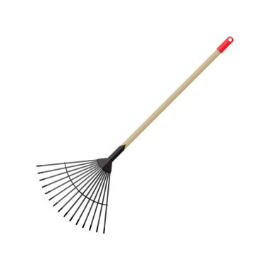 Metal rake with wooden handle. Garden accessories clipart