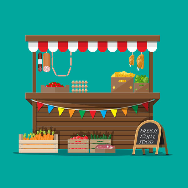 Market food stall full of groceries products