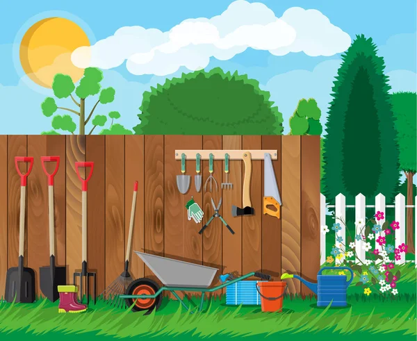 Ensemble d'outils de jardinage. Équipement pour jardin — Image vectorielle