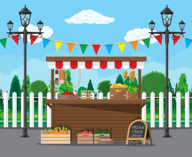 Market food stall full of groceries products clipart