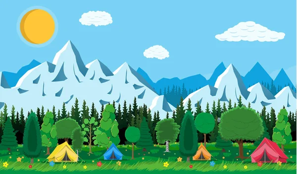 Meadow with grass and camping. — Stock Vector