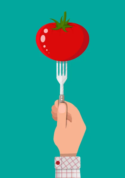 Tomato vegetable on fork in hand — Stock Vector