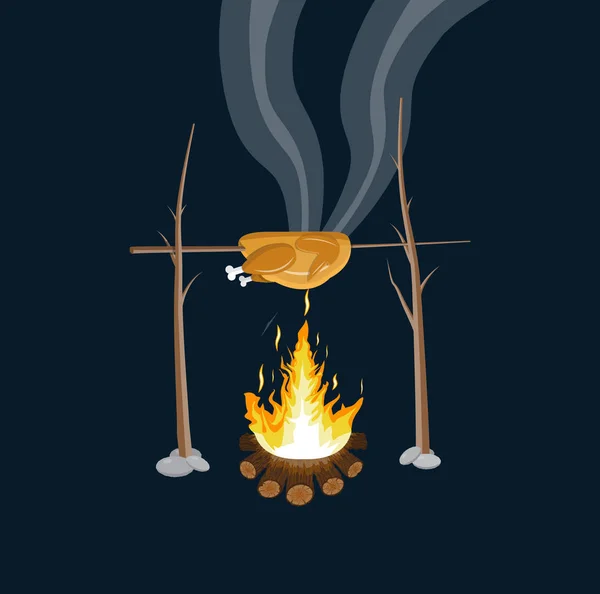Bonfire with grilled chicken. Logs and fire. — Stock Vector