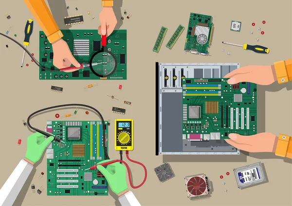 Serviço, recuperação, garantia, fixação. Montagem de PC — Vetor de Stock