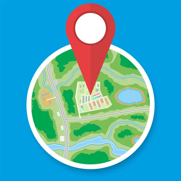 Ciudad mapa círculo suburbano con marcador — Vector de stock