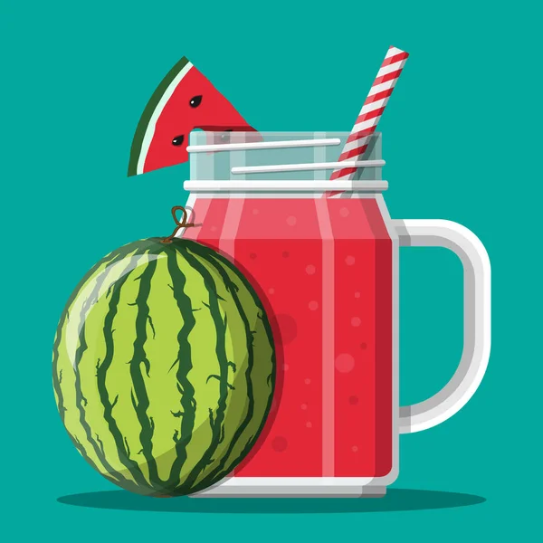 Burk med vattenmelon smoothie med randigt sugrör. — Stock vektor
