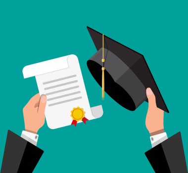 Mezuniyet şapka ve diploma öğrencinin elinde