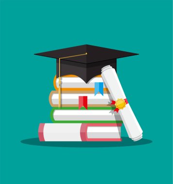 Kağıt diploma damgası, kitaplar ve mezuniyet kapaklı