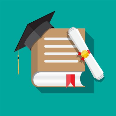 Kağıt diploma damgası, kitap ve mezuniyet kapaklı