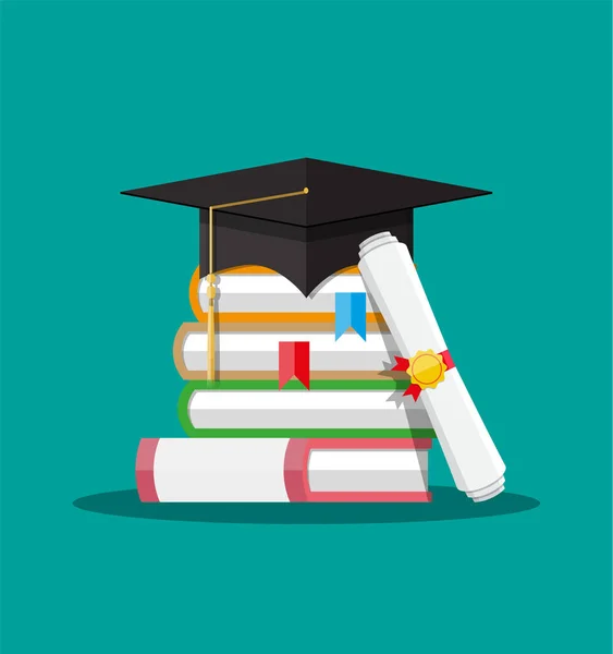 Паперовий диплом з маркою, книжками та шапочкою для випускників — стоковий вектор