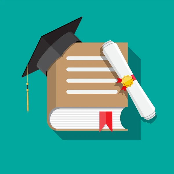 Паперовий диплом з маркою, книжковою та випускною кепкою — стоковий вектор