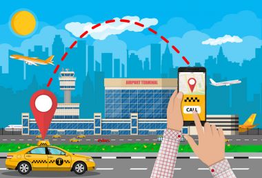 Cityscape ve Havaalanı taksi, telefonu taksi uygulaması ile