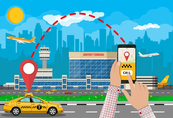Panoráma města a letiště s kabinou, telefon taxi aplikace — Stockový vektor