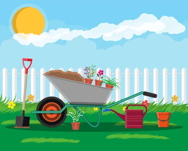 Formal garden with wheelbarrow, flowers, shovel — Stock Vector