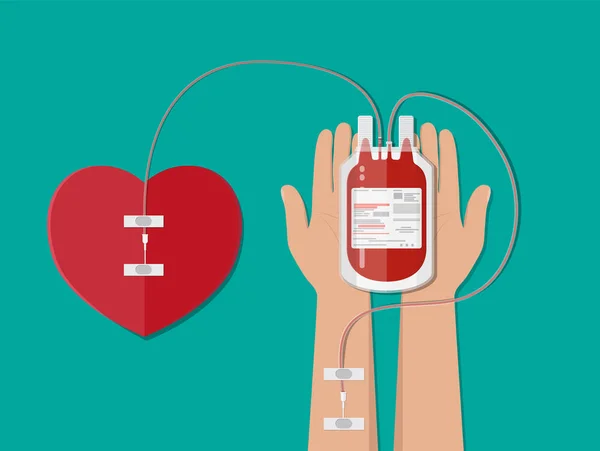Sacchetto di sangue e mano del donatore con cuore — Vettoriale Stock