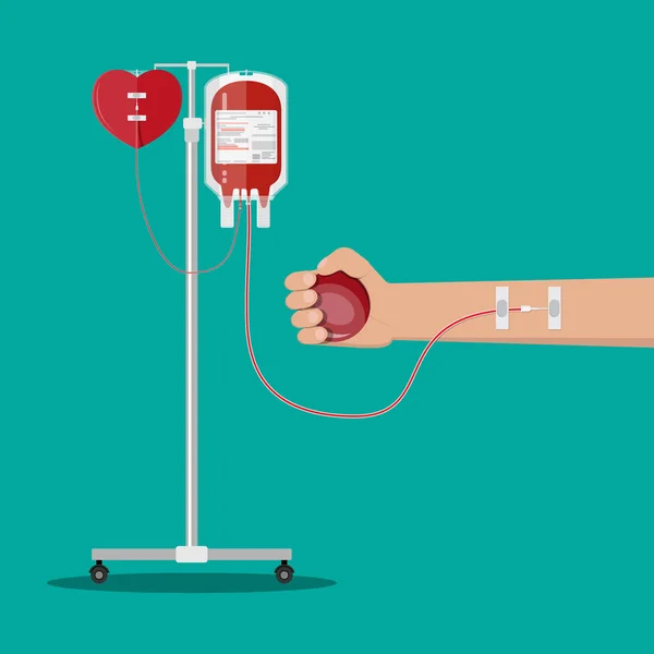Borsa di sangue e cuore a titolare, mano del donatore — Vettoriale Stock