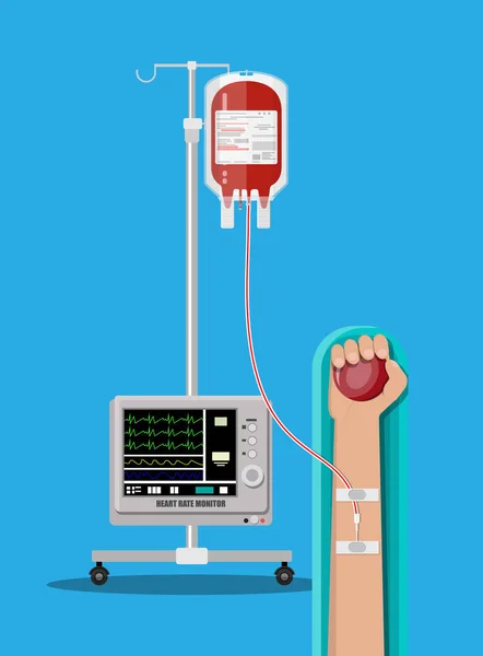 Kantong darah dan jantung yang ada di tangan pendonor - Stok Vektor