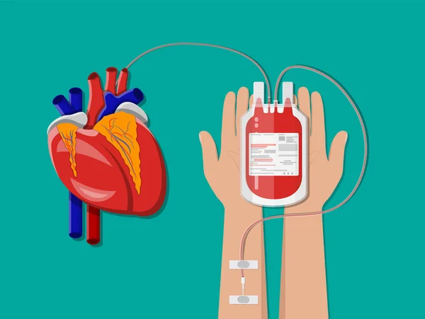 Kantong darah dan tangan donor dengan hati - Stok Vektor