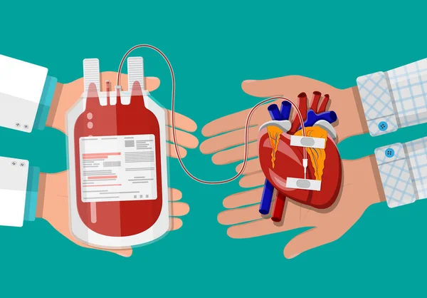 Kantong darah dan tangan donor dengan hati - Stok Vektor