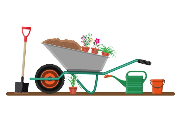 Formele tuin met bloemen, kruiwagen, schop — Stockvector