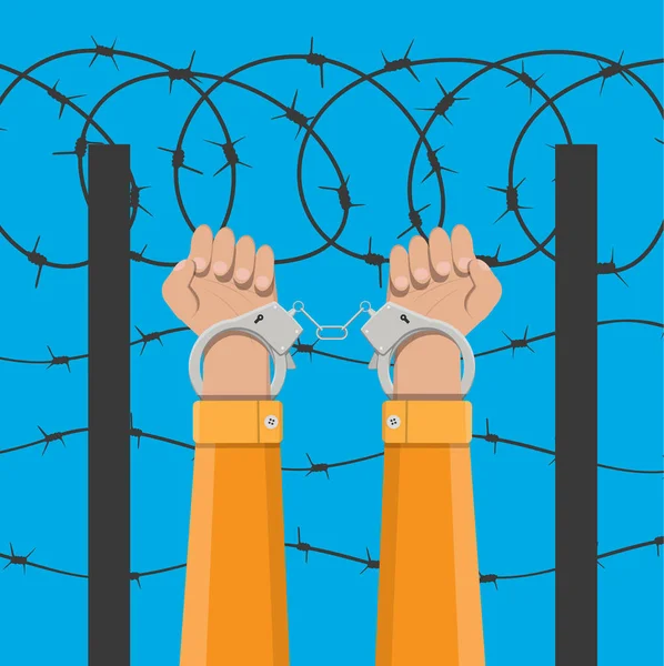 Handcuffs on hands and barbed wire — Stock Vector