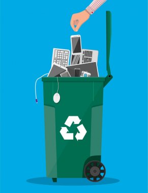 E-waste recycle bin with old electronic equipment clipart