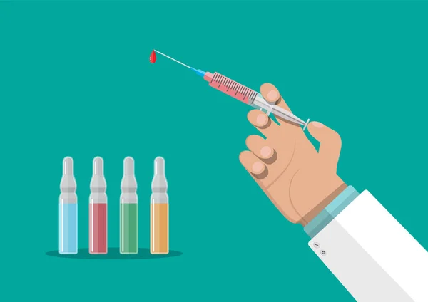 Ampoules and syringe in hand — Stock Vector