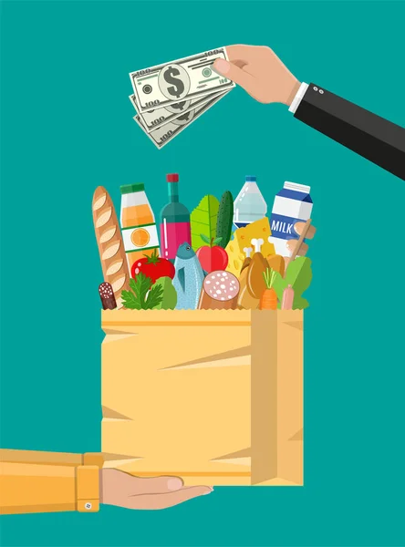 Papír bevásárló táska teljes élelmiszer termékek — Stock Vector