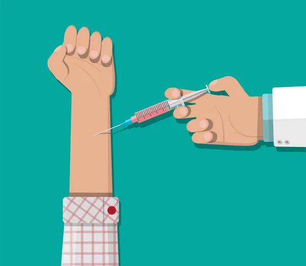 Mano del medico con siringa, vaccinazione del paziente . — Vettoriale Stock